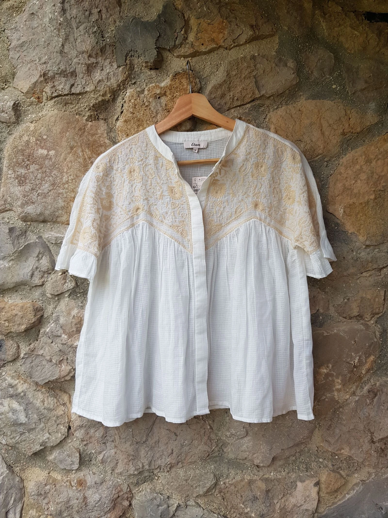 Camisa bordada romántica boho algodón Etam S